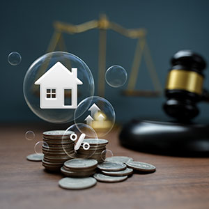 Stacked coins and a house in a bubble, with a gavel and scales of justice, symbolizing financial protection.
