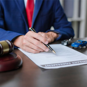 Attorney signs document with gavel and toy cars on desk, for bankruptcy and car ownership.
