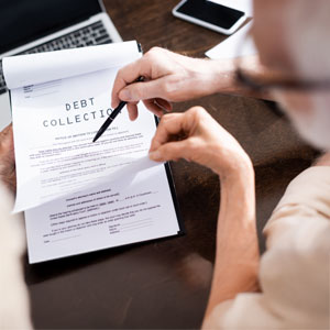 Person reviewing a 'DEBT COLLECTION' form, indicating legal action.