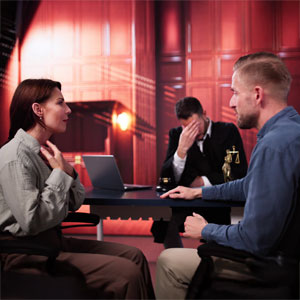 Divorcing couple, with a lawyer looking distraught, discussing bankruptcy and divorce.