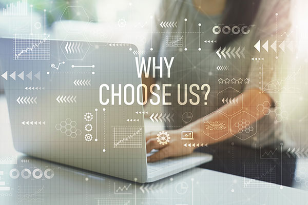 Woman typing on a laptop, with text overlay 'WHY CHOOSE US?' and various abstract tech icons.